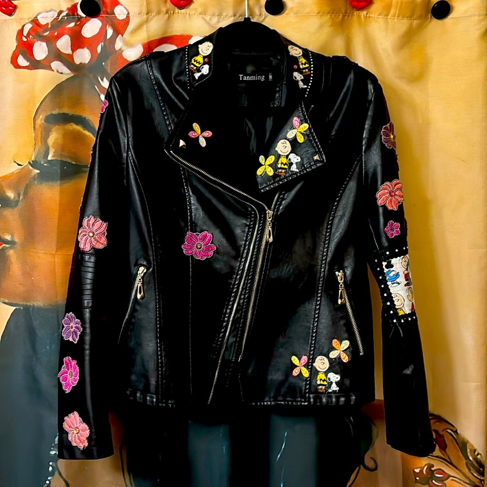 Black faux leather peanut gallery design jacket